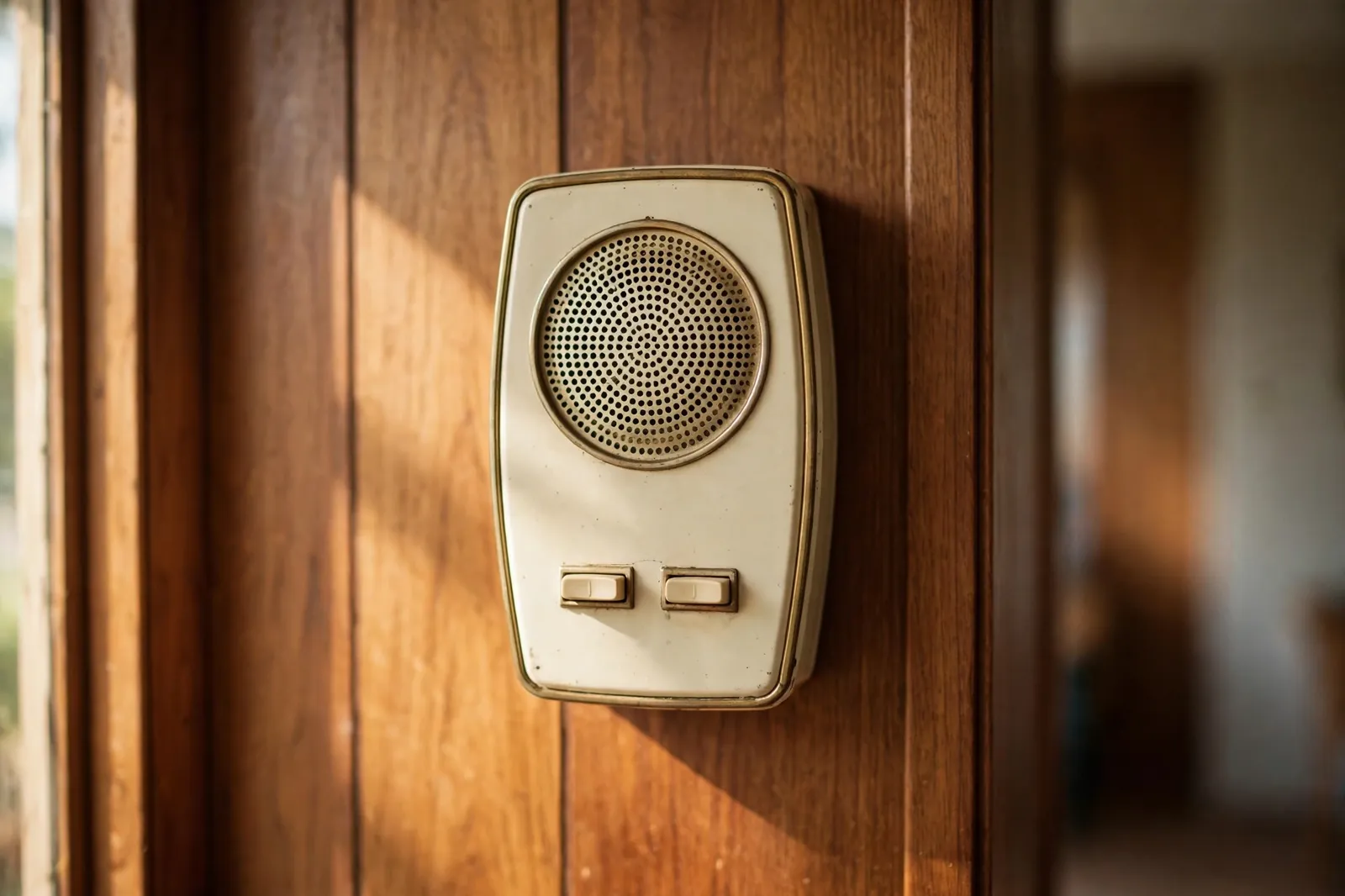 Vintage wall-mounted intercom with speaker grille on wood paneling